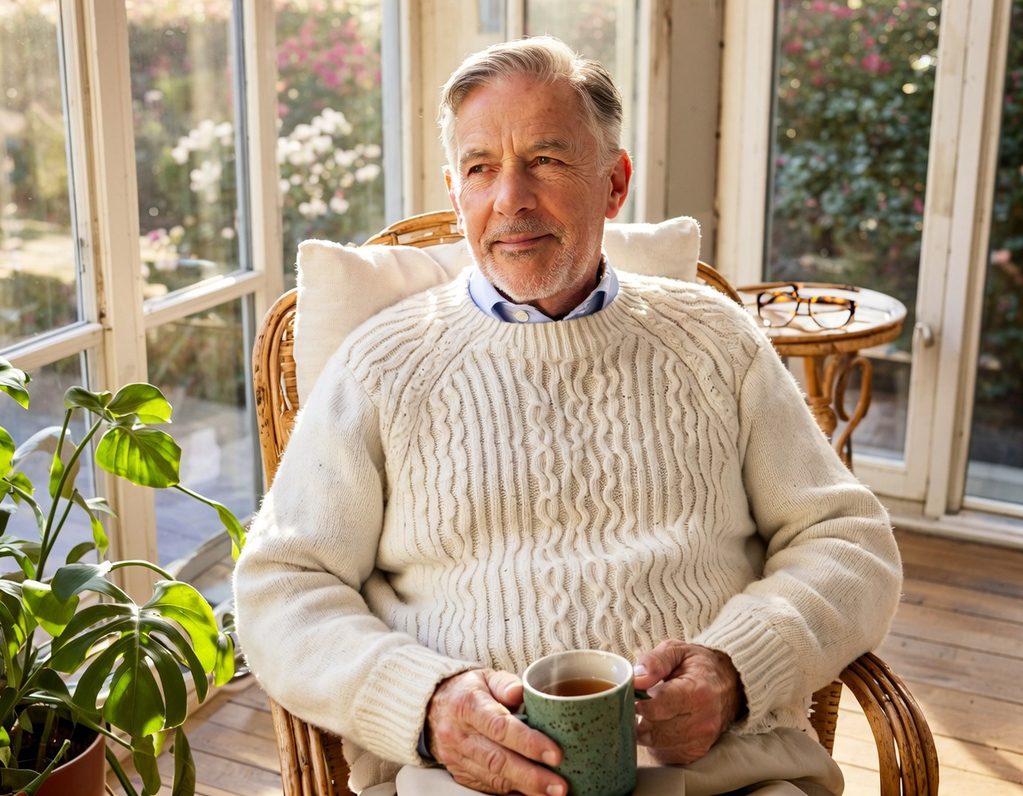 Ardenter Pension service Older man in a white sweater sits in a sunlit room, holding a cup of tea.