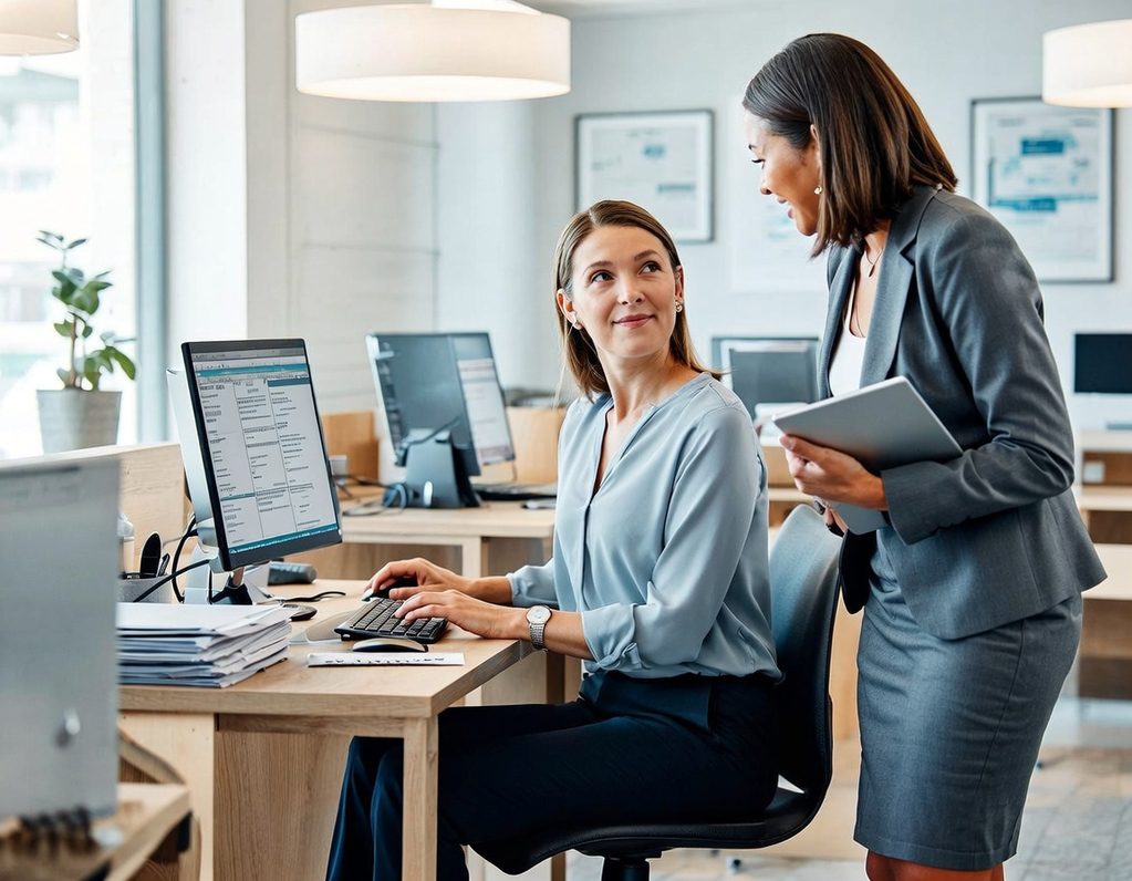 Ardenter Pensions Two women in an office, one at a computer and the other discussing while holding a notepad.